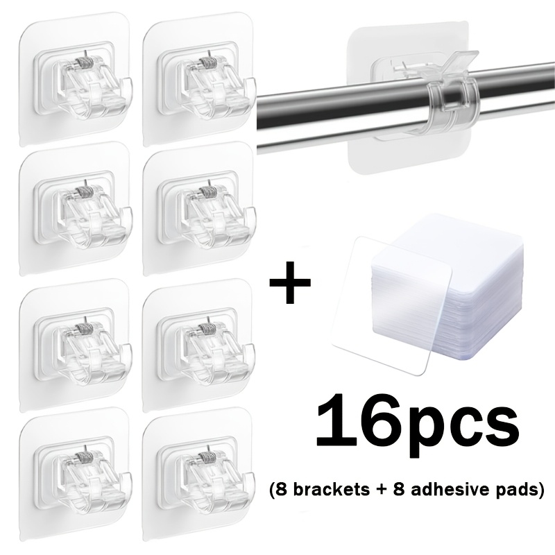 16pcs Self-adhesive Curtain Rod Bracket Set, Includes 8 Brackets And 8 Adhesive Pads, No-nail Wall Mount Brackets For Home And Hotel Use