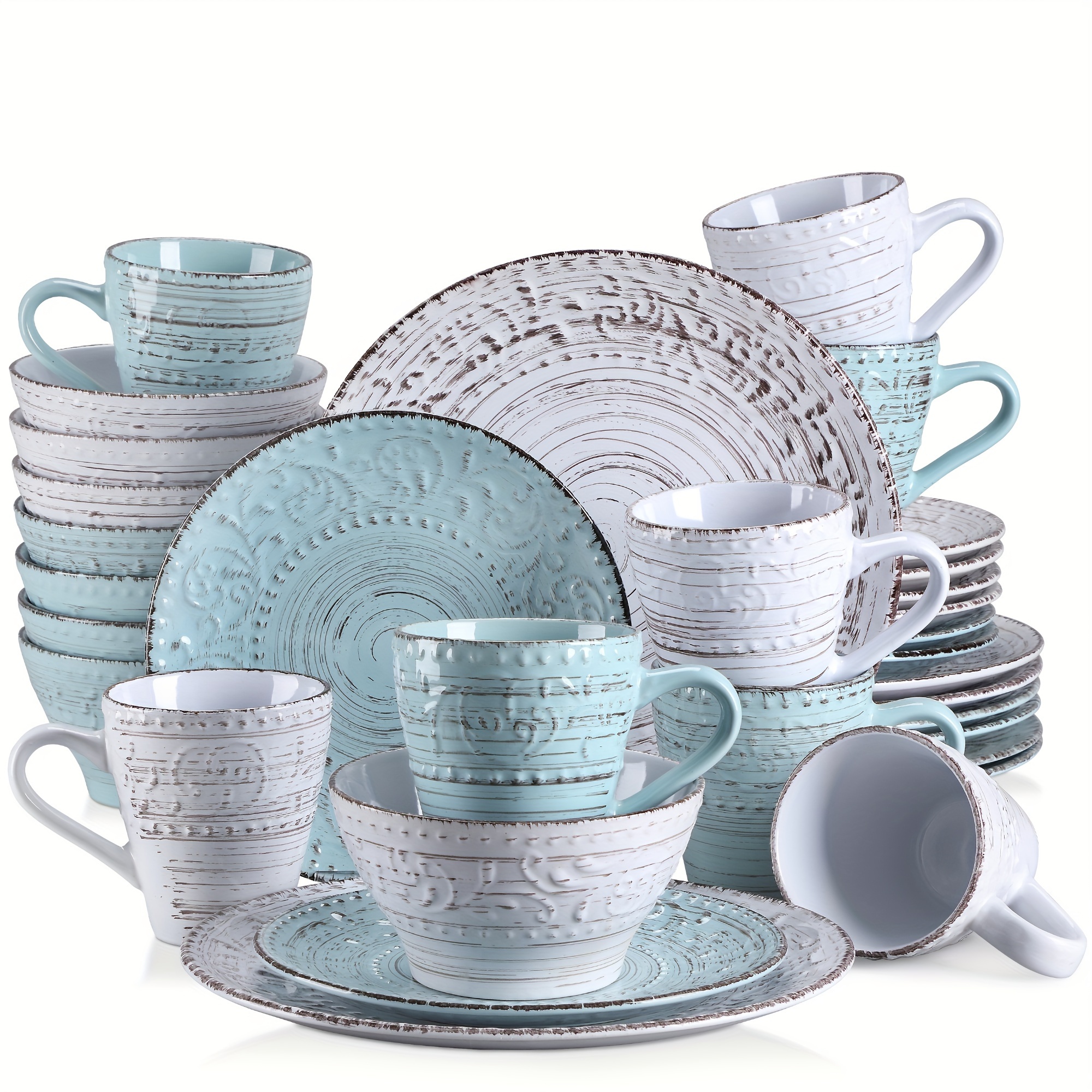 E-shop 32-teiliges Geschirr-Set mit Speiseteller, geprägtem Speiseteller, Dessertteller, Müslischale und Tasse, blaues und beiges Essgeschirr für 8