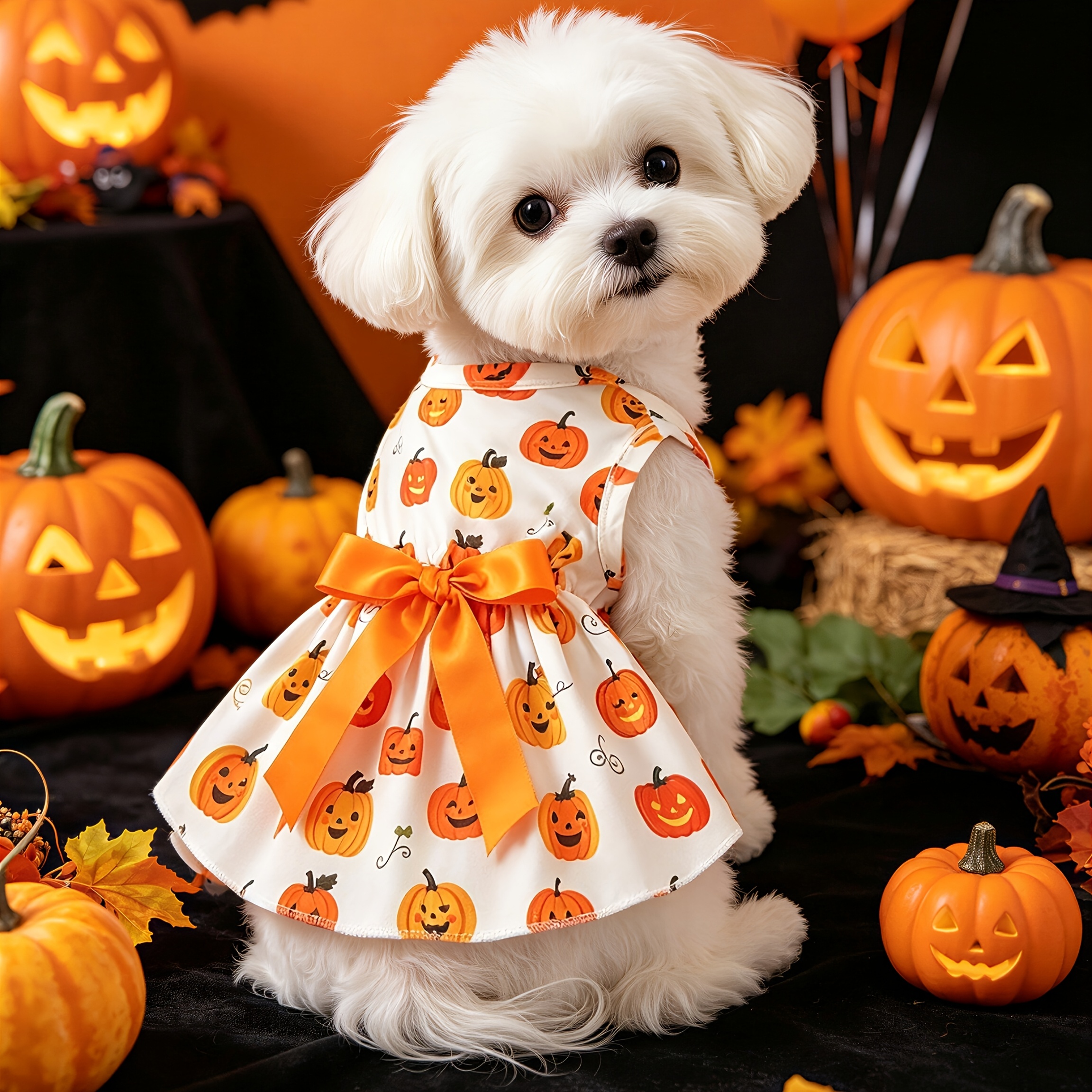 TEMU Robe gilet pour animaux de compagnie à imprimé citrouille d'Halloween intégral avec nœud orange à à la taille et ourlet, vêtement pour petits