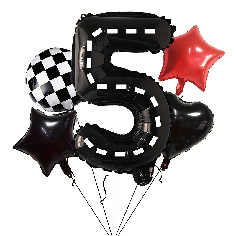 Image of Race Car Themed Birthday Balloons Featuring Black And , As Well As Black Hearts. This Set Includes 5 Mylar Balloons In Of Numbers 0-9, Measuring 40 Inches, Perfect For A Fast- Birthday Celebration