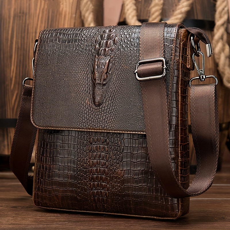 

Mva Men' Genuine Leather Crossbody Bag - Crocodile Pattern, Adjustable Strap For Daily & Business - Perfect Valentine's Day Gift