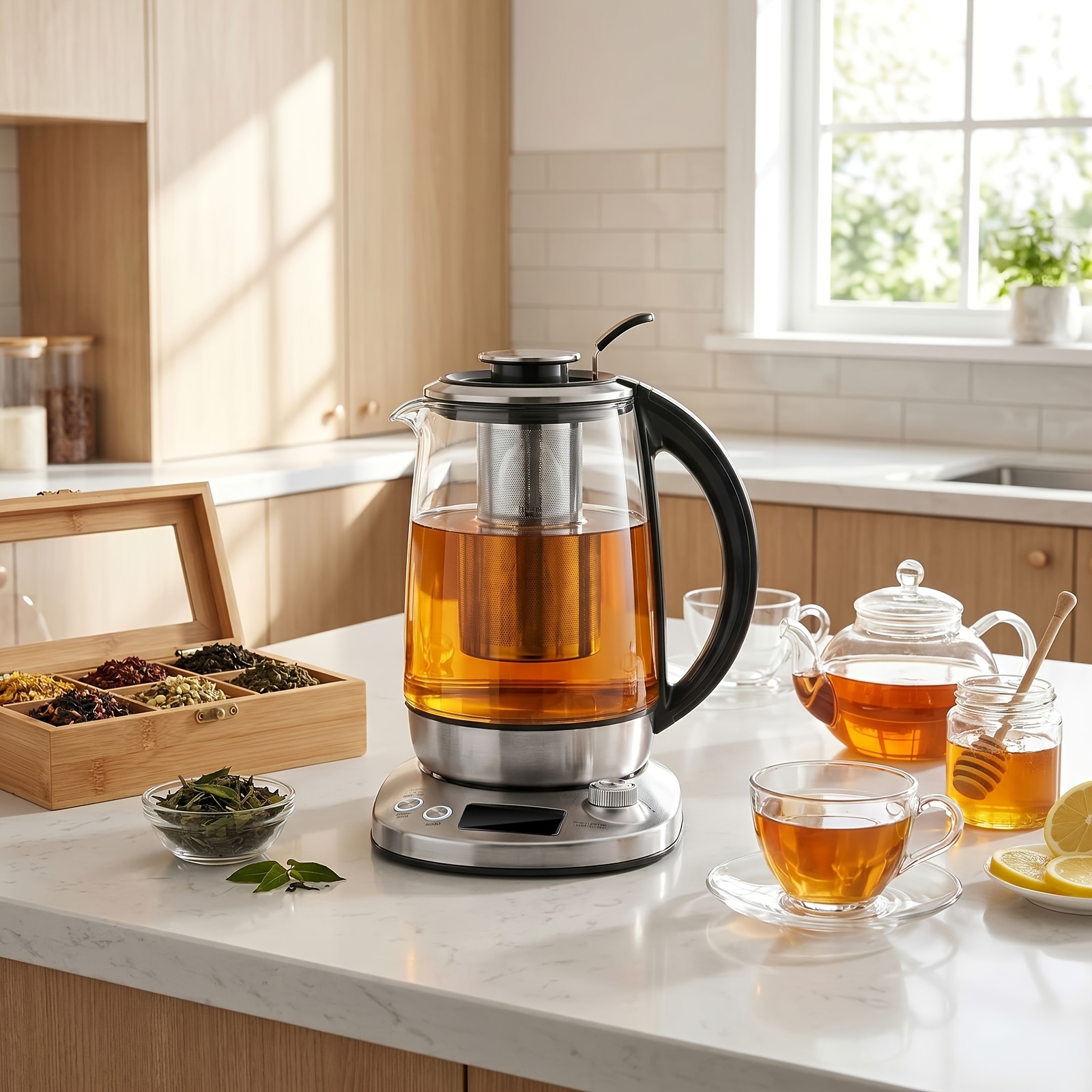 TEMU Bouilloire Électrique Chauffe-Boissons, Bouilloire en Verre avec 9 Préréglages de de Température, Théière 2200W avec Infuseur Amovible, Garde au