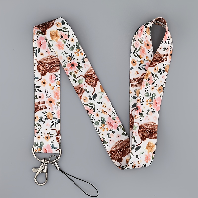 Image of Stylish Floral Cow Keychain Lanyard - Cute Animal & Plant Design, Durable Polyester, Perfect For Work, Study, Gym, Phone, Id, And Key Accessories, Ideal Gift For Women, Cow Decor