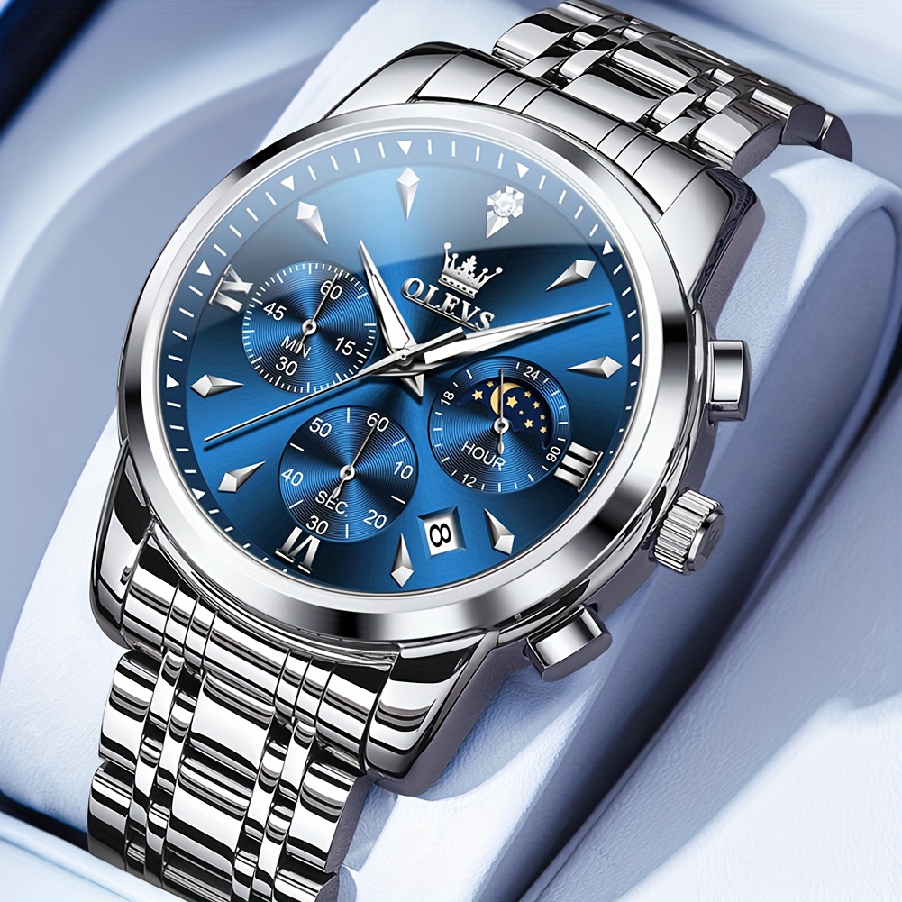 Olevs Luxury Quartz Chronograph Mens Wristwatch | Gold Plated Stainless Steel, Moon Phase, Luminous Date, Fashion Dress Style, Blue/golden/gray/black Dial