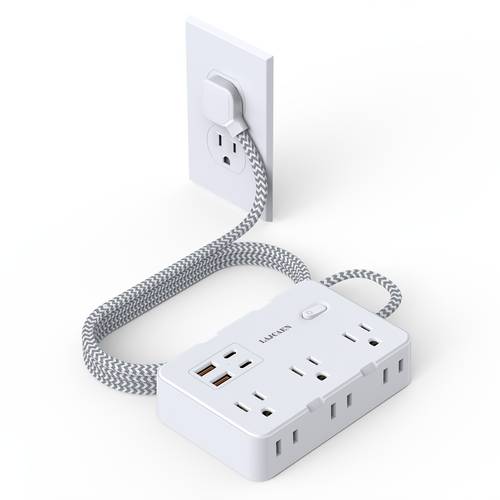 flat plug protector power strip 5ft braided flat extension cord with 4 usb charger 2 usb c 6 ac outlets compact desk charging station wall mount for dorm