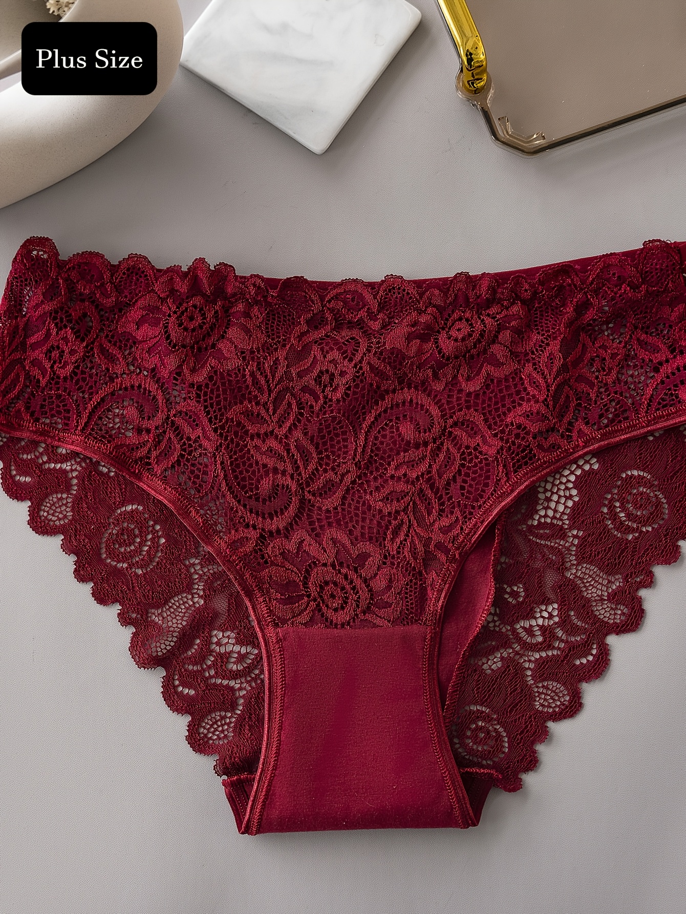 5-Pack Women's Plus Size Lace Stitching Underwear - Elegant Floral Print, Breathable & Comfortable Mid-Rise Briefs (XL-5XL), Daily Wear Underwear | Feminine Elegance | Intricate Lace Detail