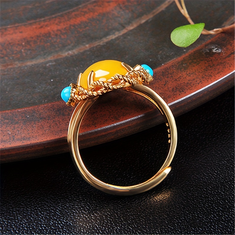 1pc vintage     ring 18k golden plated 925 silver synthetic amber and turquoise adjustable opening handcrafted personalized fashion for daily and banquet occasions mardi gras day accessory details 0