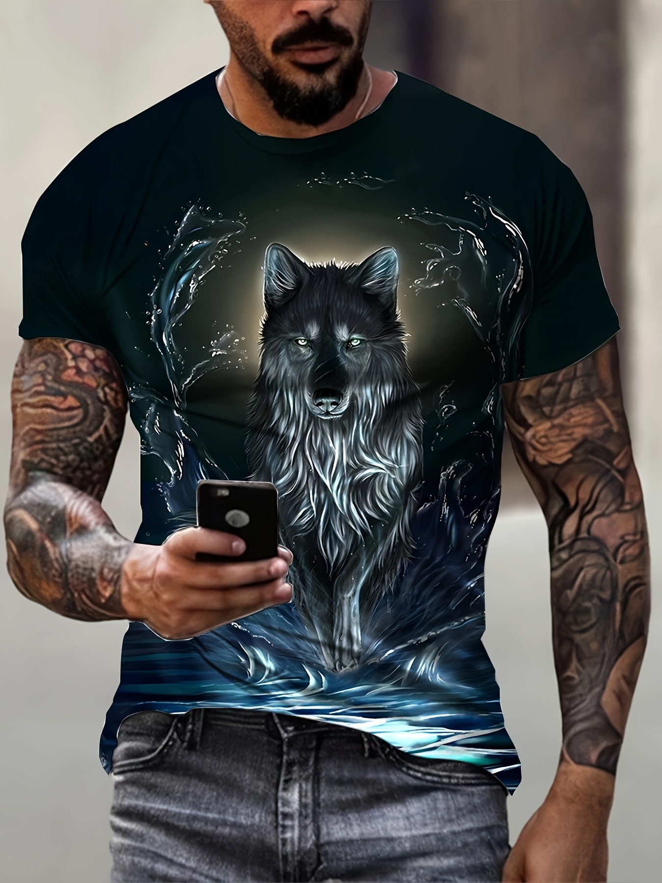 mens 3d wolf print t shirt street   neck short sleeve 100 polyester knit fabric   stretch   casual fit tee 110gsm animal pattern top for adults mixed color 0