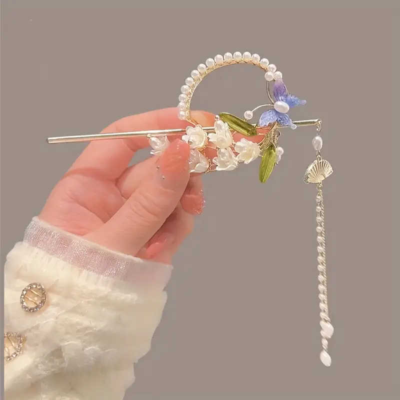 elegant chinese style floral hairpin with tassel elegant hair accessory for women traditional cheongsam and hanfu outfits pearl and leaf design hair accessories for women cheongsam hairstyle cheongsam style intricate   Product details 2
