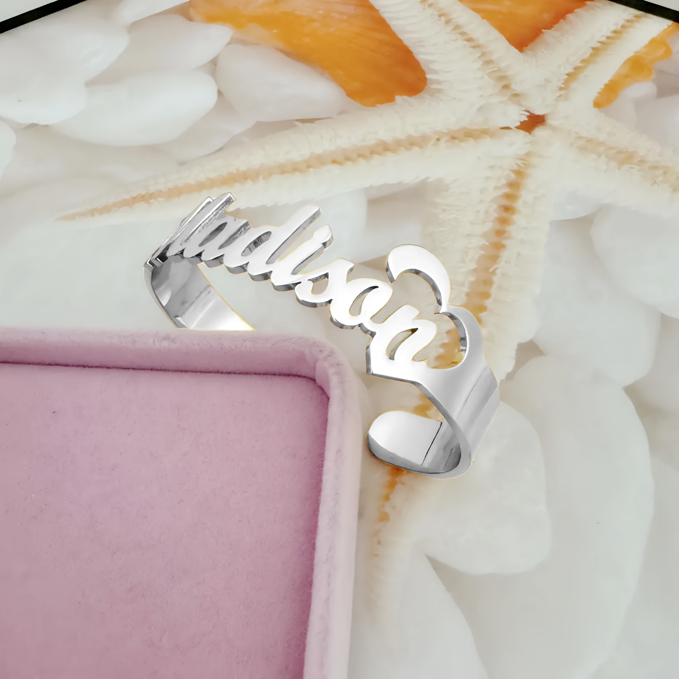TEMU Custom Heart Name Bracelet, Stylish And Minimalist Stainless Steel Nameplate Bracelet, Adjustable Open Stainless Steel Bracelet, Trendy Jewelry