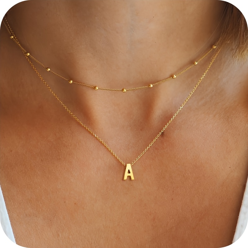 TEMU Stainless Steel Layered Initial Necklace Tiny A-z Pendant Clavicle Chain Necklace Fashionable Initial Necklace For Women (random Bead Quantity)
