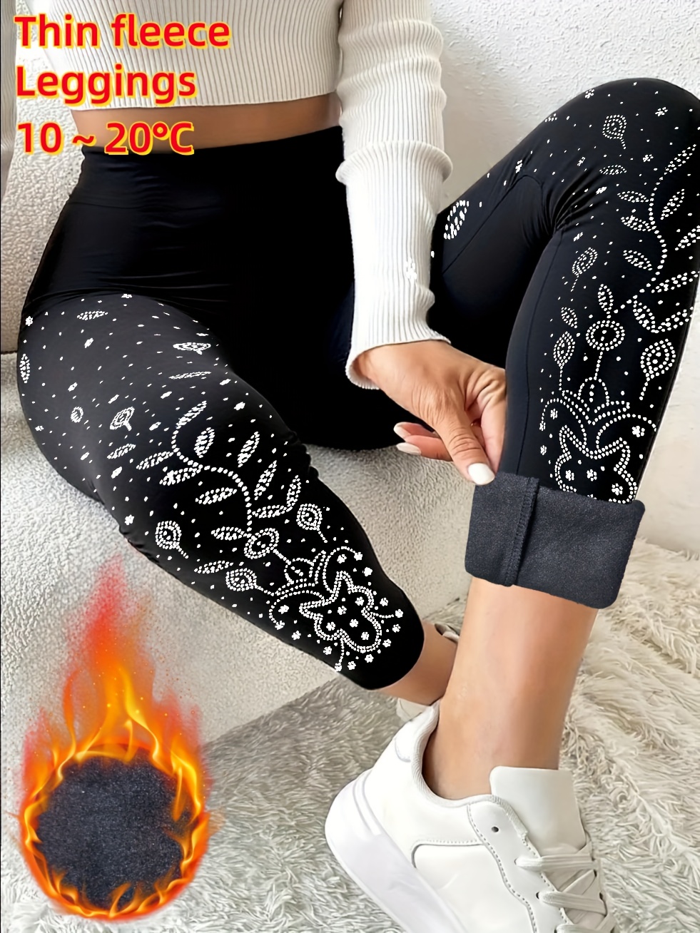 women s high-waist   sparkle fleece leggings -  , high-  stretchy tights with front leaf & star patterns Product details 0