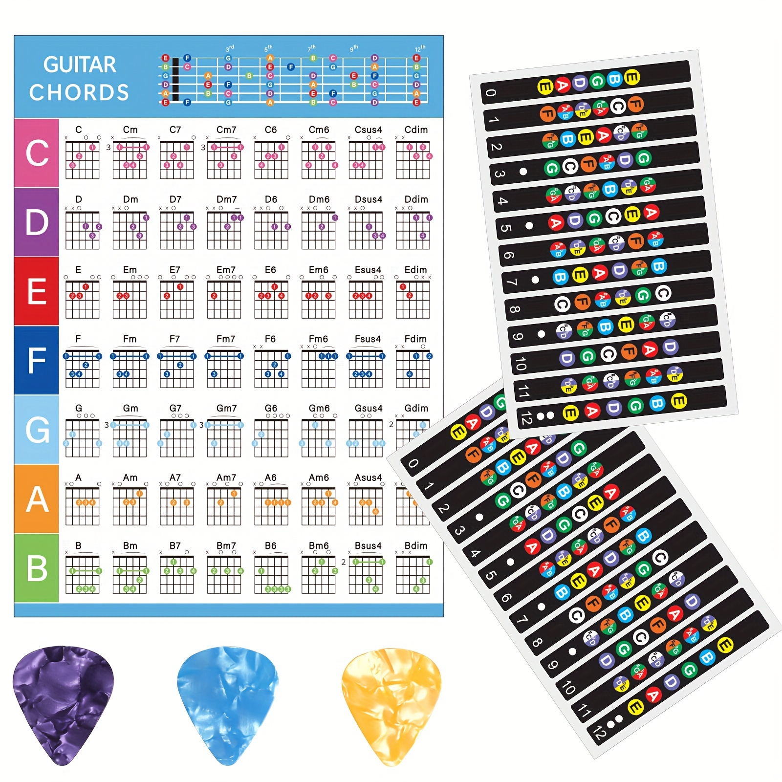 

2 Self-adhesive Guitar Stickers, 1 Guitar Chord Chart, And Guitar Picks (pick Colors Are Random), With A Pick Thickness Of 0.71 Mm, The Best Learning Tools For Beginners.