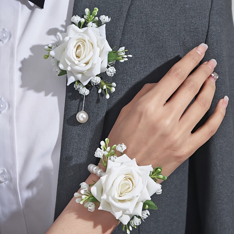 

2pcs Elegant Rose Corsage And Wrist Flower Set In Polyester Fiber For , Parties, Weddings Decorations