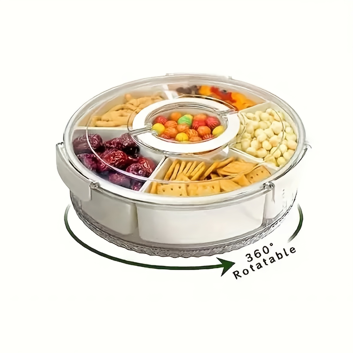 1/2pcs Circular Split Tray With Lid And Handle, Snack Box Container Rotating Design, Snack Rotator, Vegetable And Fruit Vegetable Tray, Kitchen And Outdoor Food Packaging And Storage Box