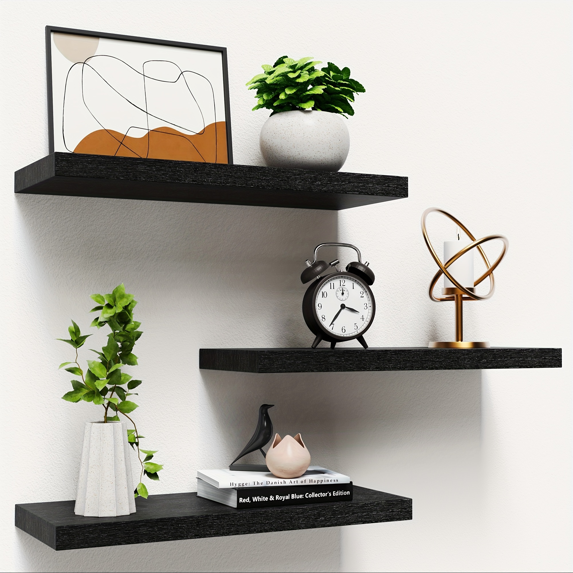 

Floating Shelves For Wall, Black Wood Wall Shelf Set Of 3, 16" Wall Mounted Floating Shelf For Kitchen, Living Room, Bedroom, Bathroom Storage, Book Shelf For Wall Home Decor