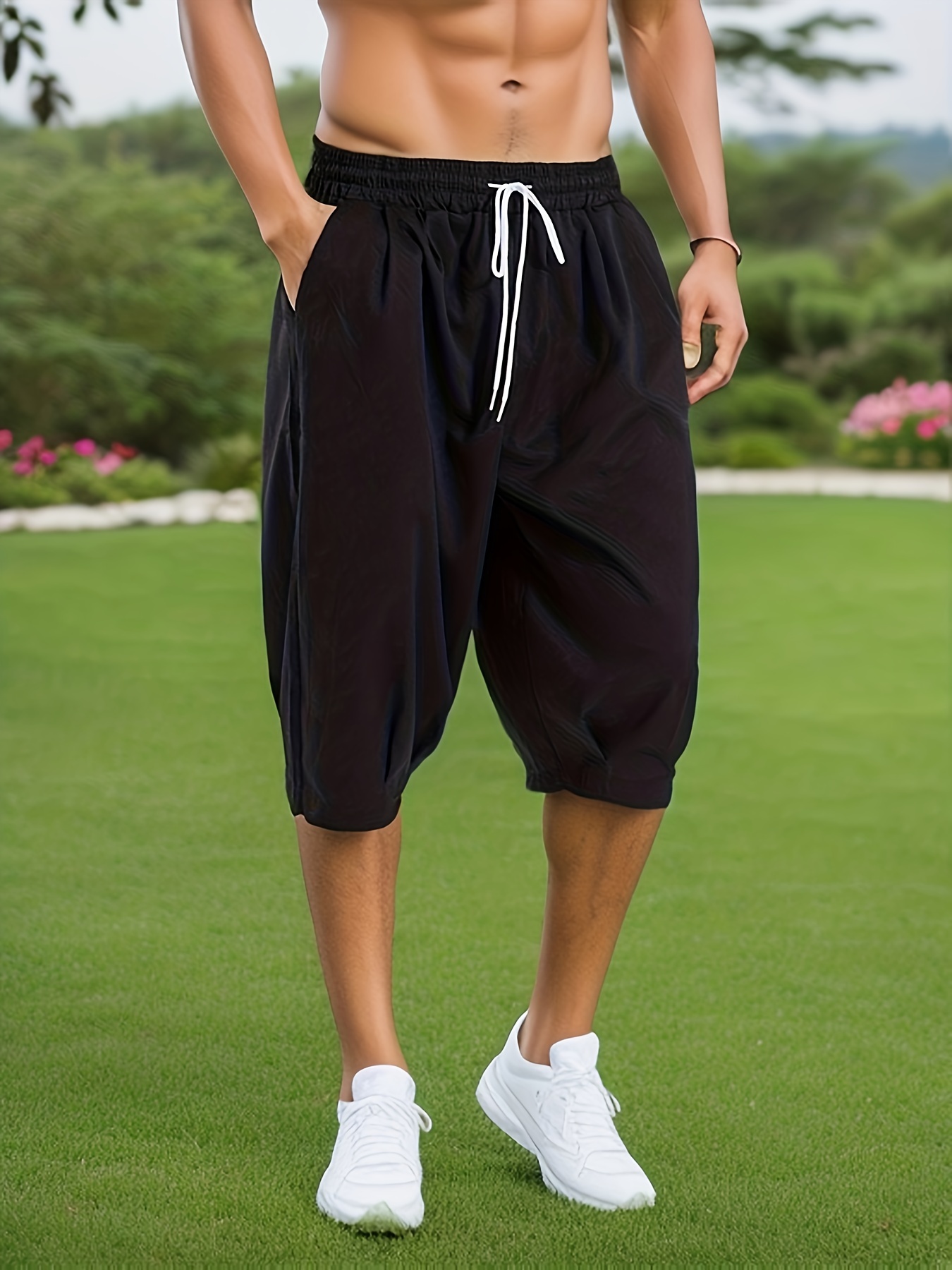 Plus Size Men's Solid Harem Drawstring Shorts For Summer, Trendy Casual Outdoor Sports Oversized Shorts For Males