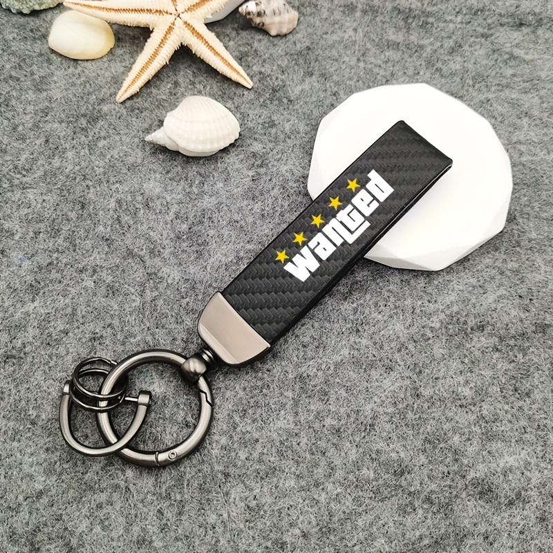 Image of Wanted" Text Carbon Fiber Keychain With Carbon Fiber , And Fashionable Design, Men' Keychain