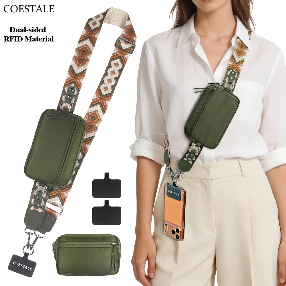 TEMU Bolso bandolera para mujer, 1 pieza, estilo bohemio /bolsillo colgante para teléfono/correa floral bordada/ajustable/multifuncional/cordón para