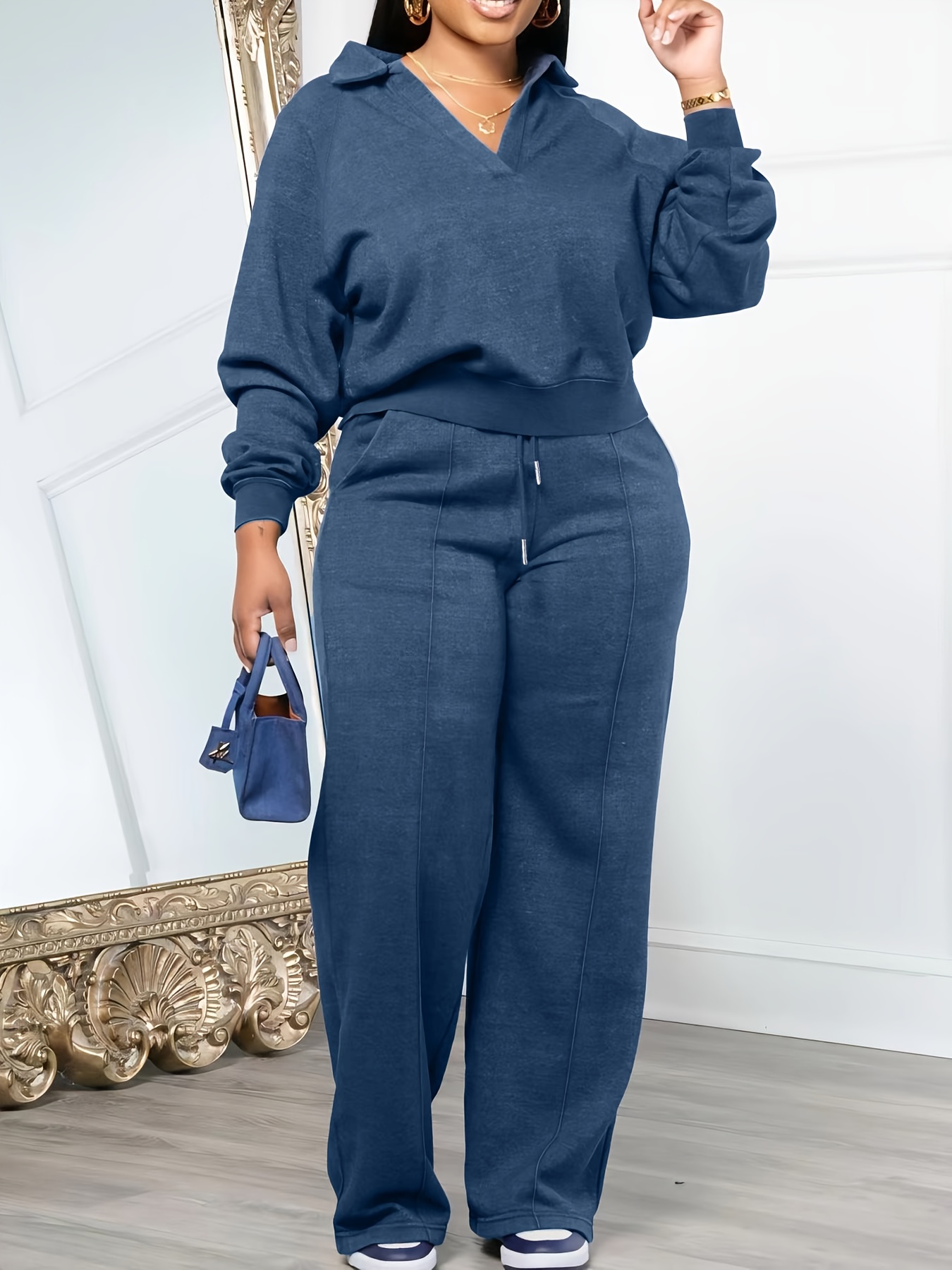 a stylish and casual loose fitting solid color womens pants set designed for vacation Product details 3