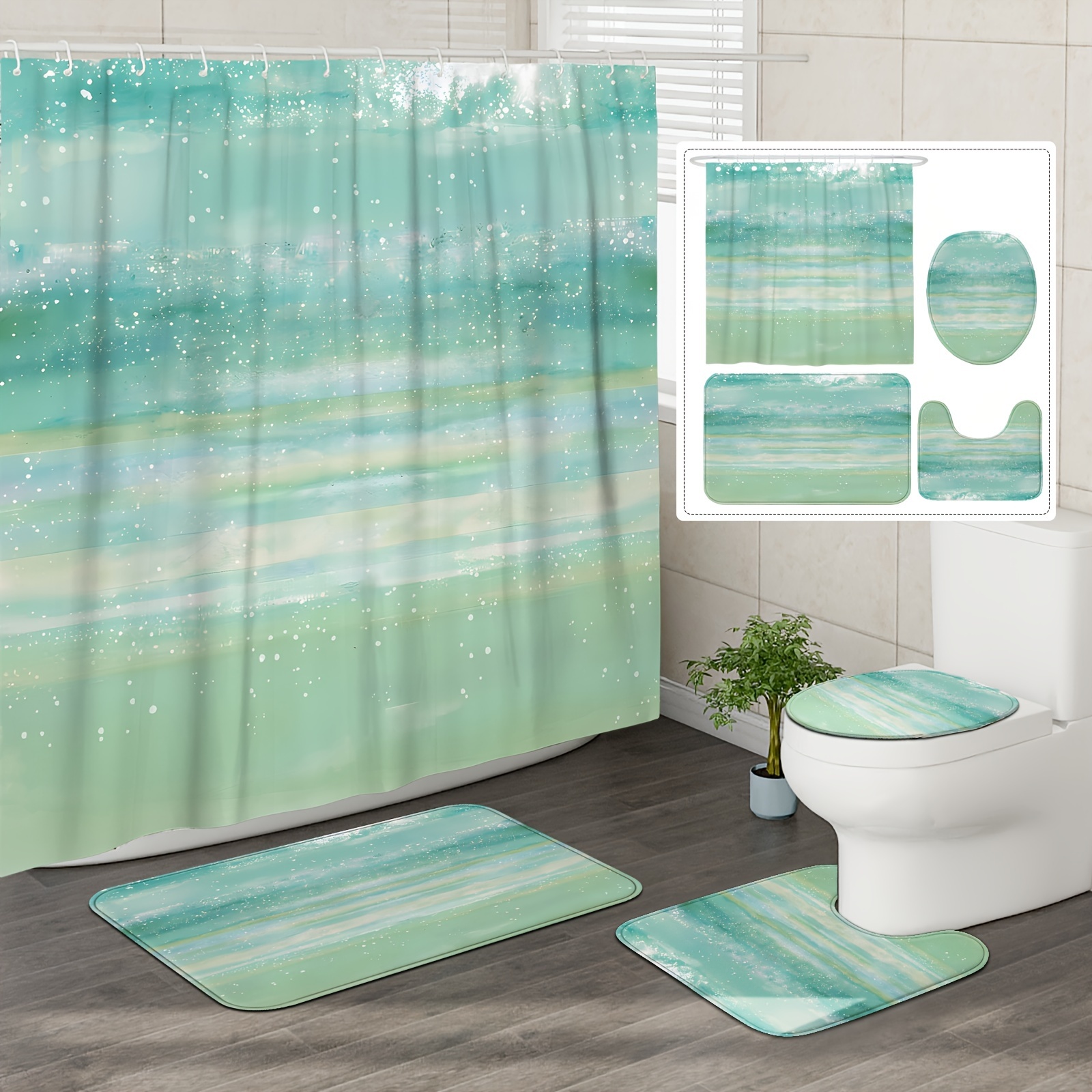 

1/4pc Ocean Print Shower Curtain And Mats, Waterproof Shower Curtain With 12 Hooks, Non-slip Bathroom Rug, Toilet U-shape Mat, Toilet Lid Cover Pad, Bathroom Decor, Shower Curtain Sets For Bathrooms