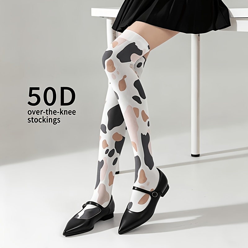1 Paar, 360-Druck, Kuhmuster Over-The-Knee Socken, Atmungsaktive, Hochelastische Oberschenkelsocken, Koreanischer Süßer, Cooler,   Stil, Hohe Strumpfhosen, Anti-Snagging und Nicht-Einengend, Damenuniform, Mary Jane Schuhe, Alltags-  Jahreszeiten