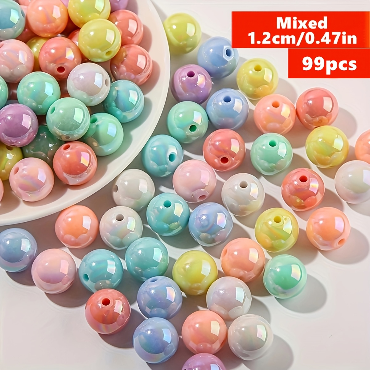 TEMU 99pcs Qywctz 12mm/16mm Ab Style Multicolor Acrylic Round Beads Suitable For Making, Phone Charms, Pen Beads, Bracelets & Necklace Crafting -