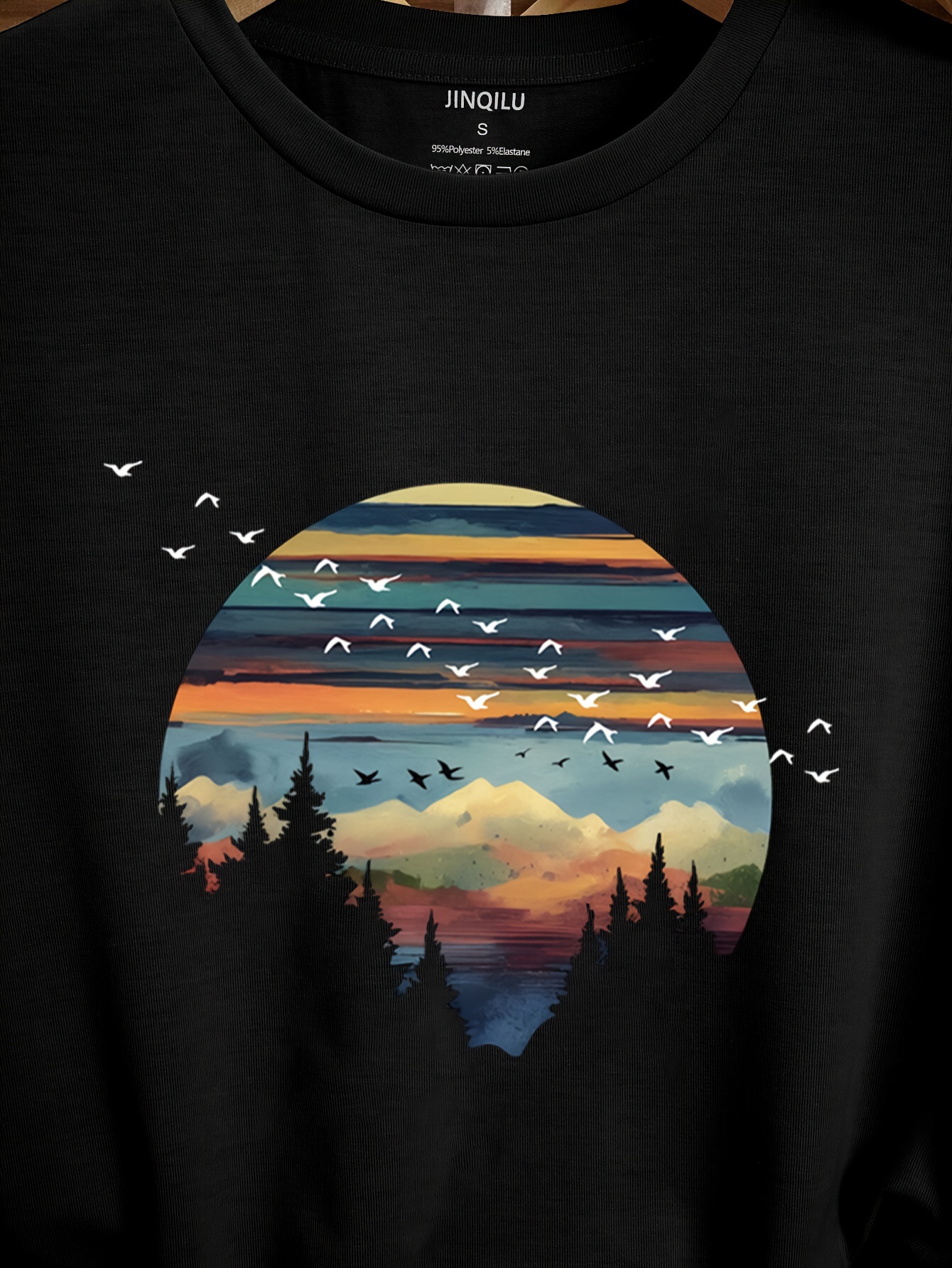 t-shirt décontracté à col rond pour femme avec impression de paysage, manches courtes, tissu extensible moyen, coupe régulière - g7271, haut dété | t-shirt coupe relâchée | impression de paysage   Détails du produit 7