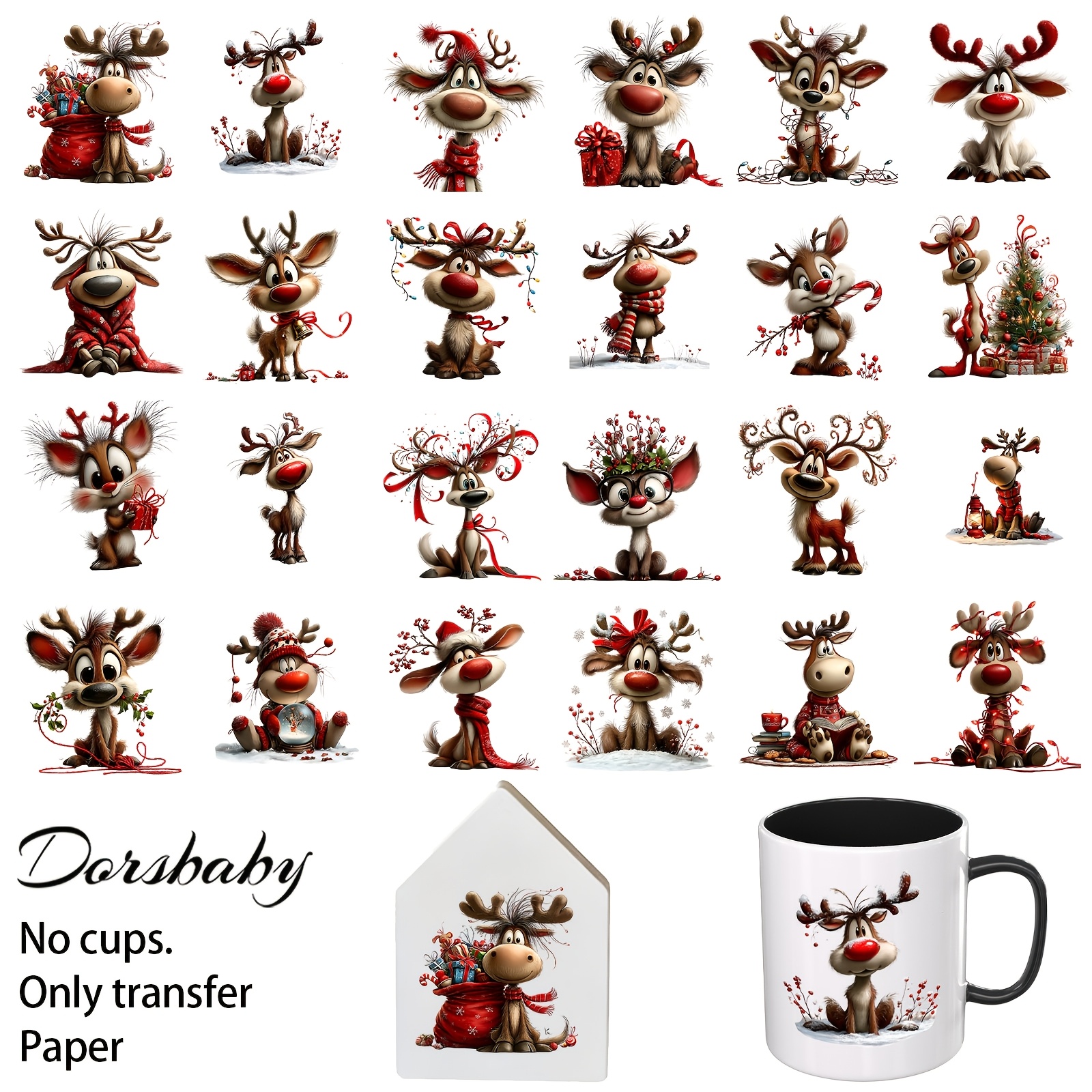 TEMU 24 Weihnachts-Rentier-Rubbelbild-Transferpapier, Wohnkultur für Kreative, geeignet für Möbel, 16Oz Glasbecher und Journale, ideal für kreative
