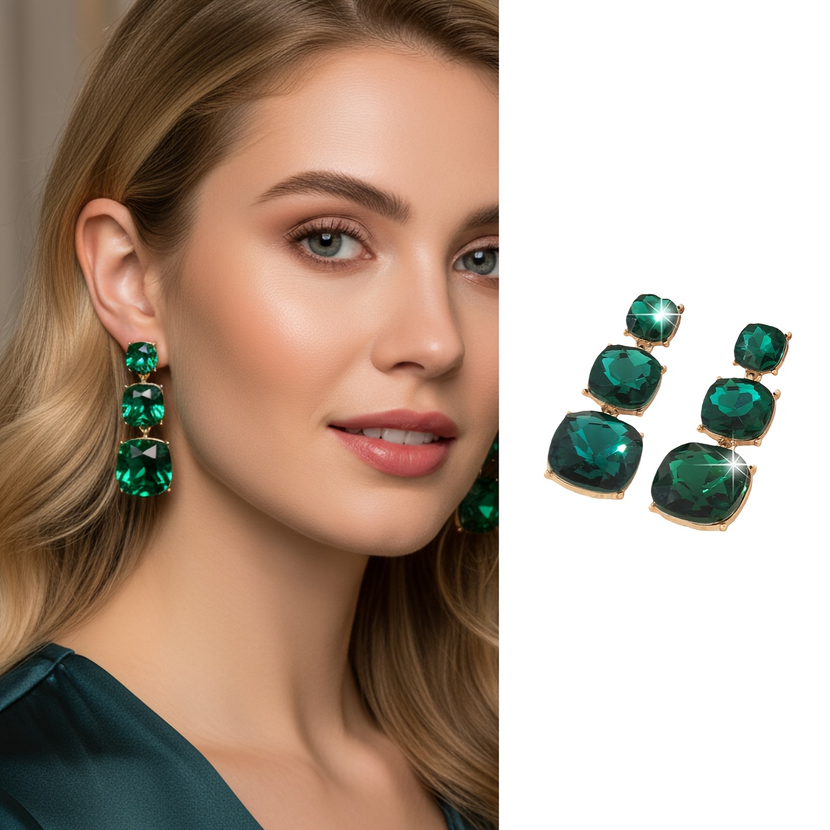 E-shop 1 Paar modische elegante mehrschichtige geometrische quadratische farbige Strass-Anhängerohrringe für Damen, hochwertiger Vintage-Damenschmuck,