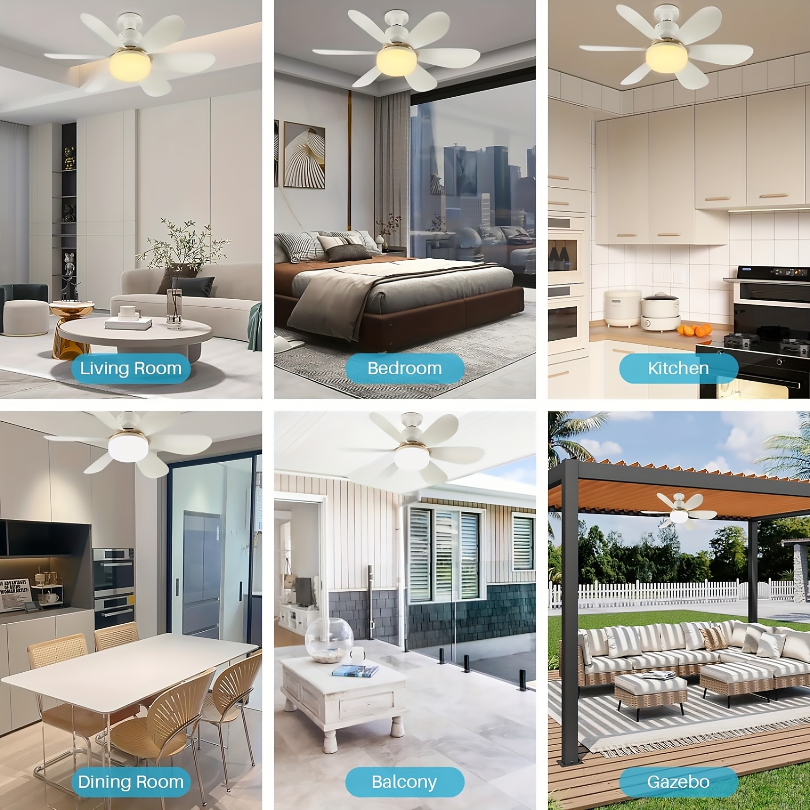 Ventilador de Techo con Luz y Control Remoto, Iluminación LED con Ventilador, 3 Velocidades de Flujo de Aire Silencioso y 3 Temperaturas de Color (3000K-4500K-6500K), Instalación Sin Herramientas + Temporizador, Ventilador de 6 Aspas E26/E27, Ideal para Dormitorio, Sala, Cocina, Garaje, Tiendas y