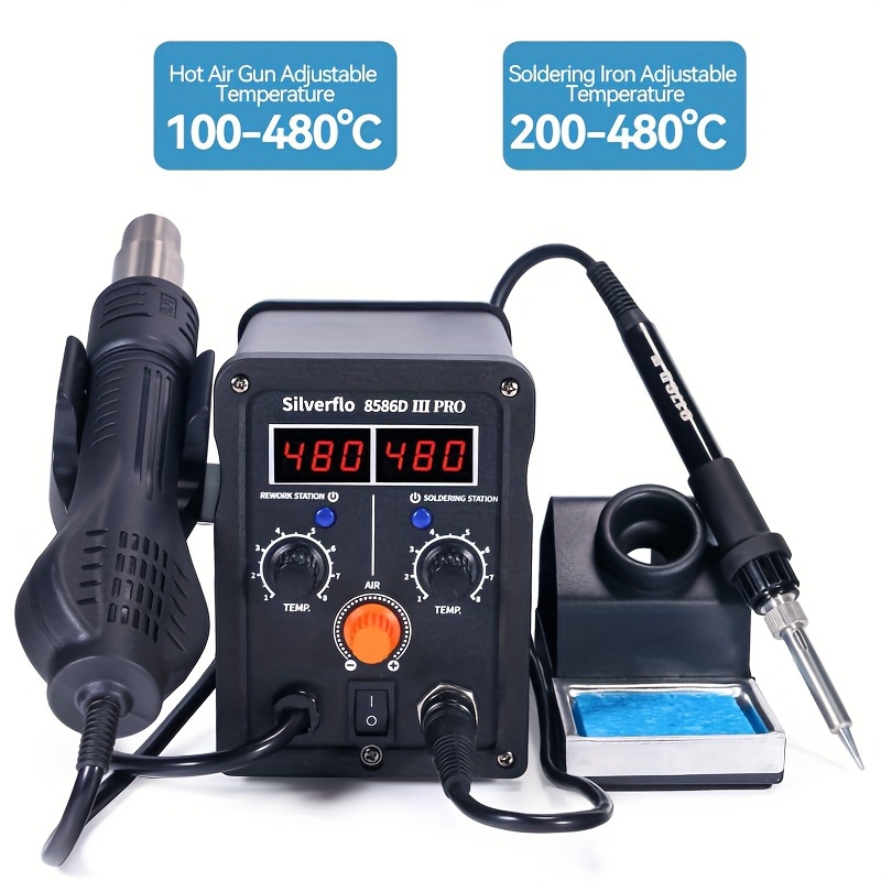 

1pc Silverflo 8586d-iii 780w Led Display Hot Air Gun Soldering Iron 2-in-1 Soldering Station With Temperature Control, Temperature Correction And Sleep Function, Includes 3 Air Gun Nozzles