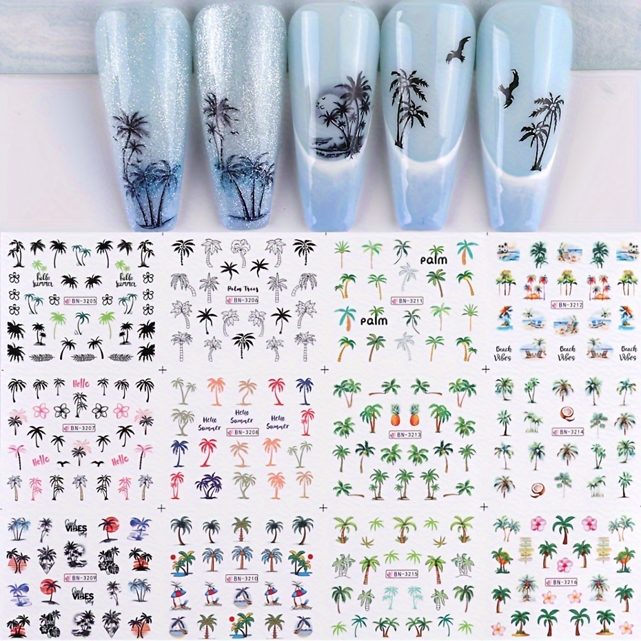 3d Coconut Tree Nail Stickers Palm Summer Sliders Flower Manicure Tips Supplies