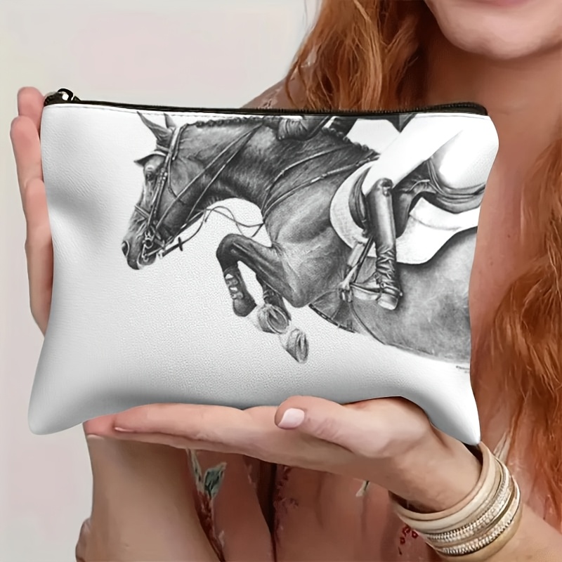 TEMU Flat Printing Cosmetic Bag, Jumping Horse Theme, Zippered Small Makeup Bag, Very Suitable For Travel, Gift For Sisters , Suitable For Business,