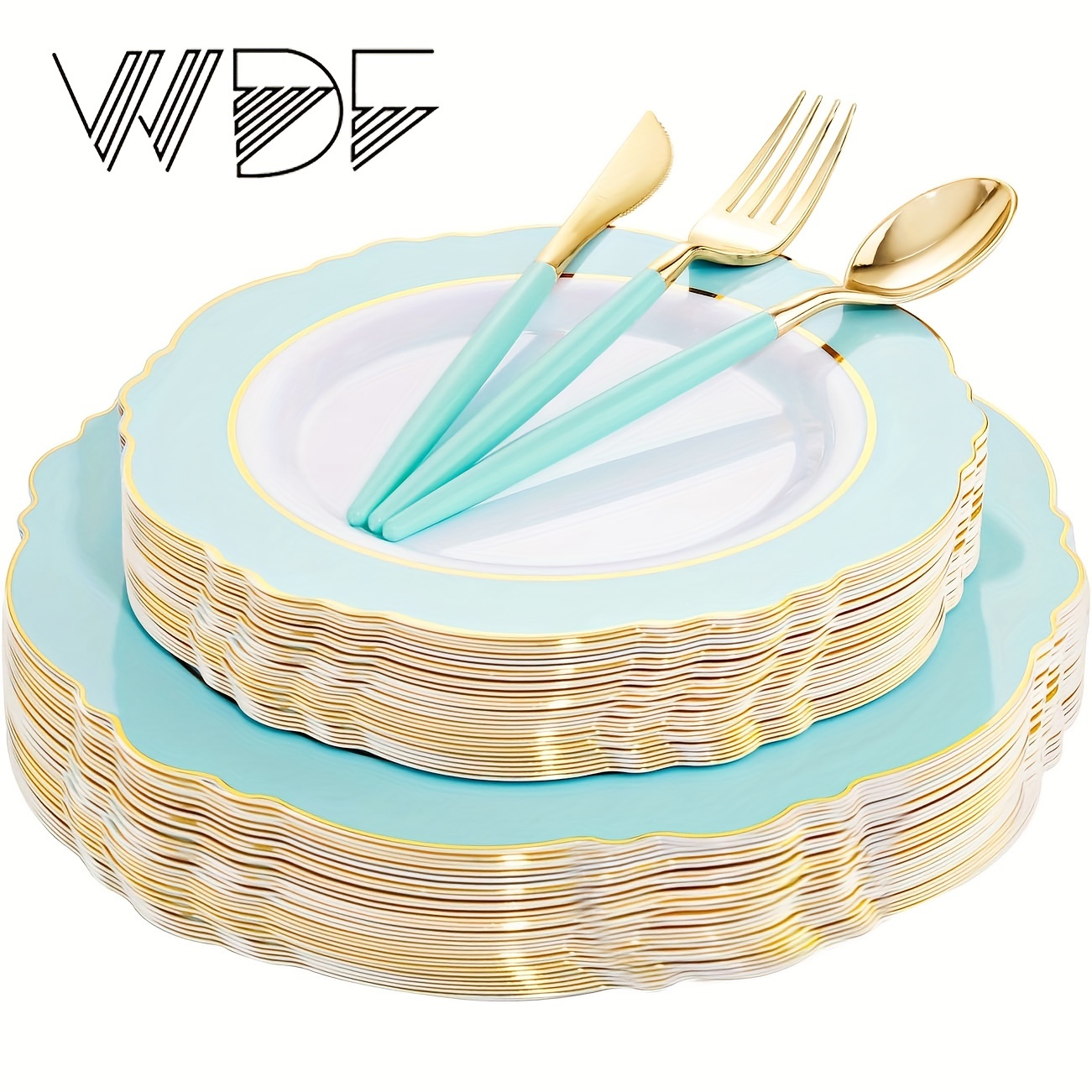 

30guest Plastic Plates & Disposable Golden Plastic Silverware With Green Handle- Green &gold Plastic Dinnerware For Wedding &parties