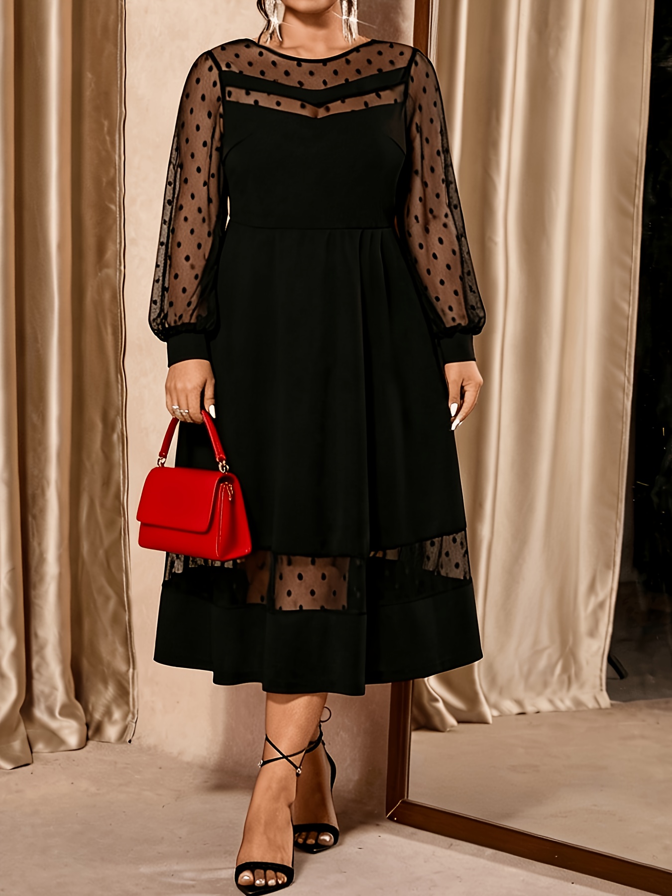  taille - taille - taille col rond transparent élégant robe longue manches longues Détails du produit 2