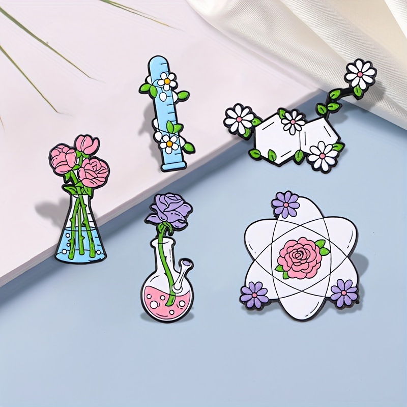 

5pcs Cartoon Brooches Pins Set - Zinc Alloy Floral Vials And Design Lapel Pins For Teacher Student Clothing Backpacks, Creative Personality Accessories For Daily & Gift