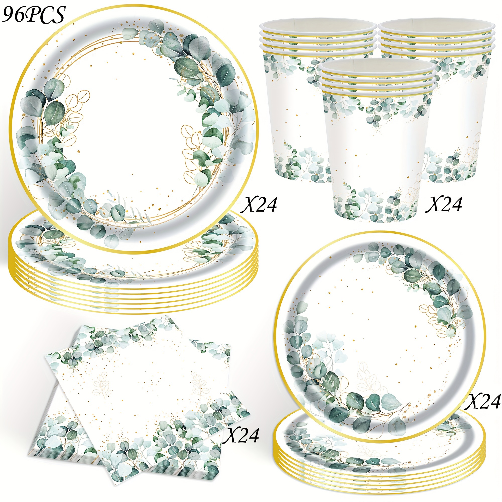 Image of 96pcs Eucalyptus Leaf Print Party Tableware Set, A Wonderful Experience To , Serves 24 Guests, Party Supplies, Holiday Decorations, Party Packs I Perfect For Halloween