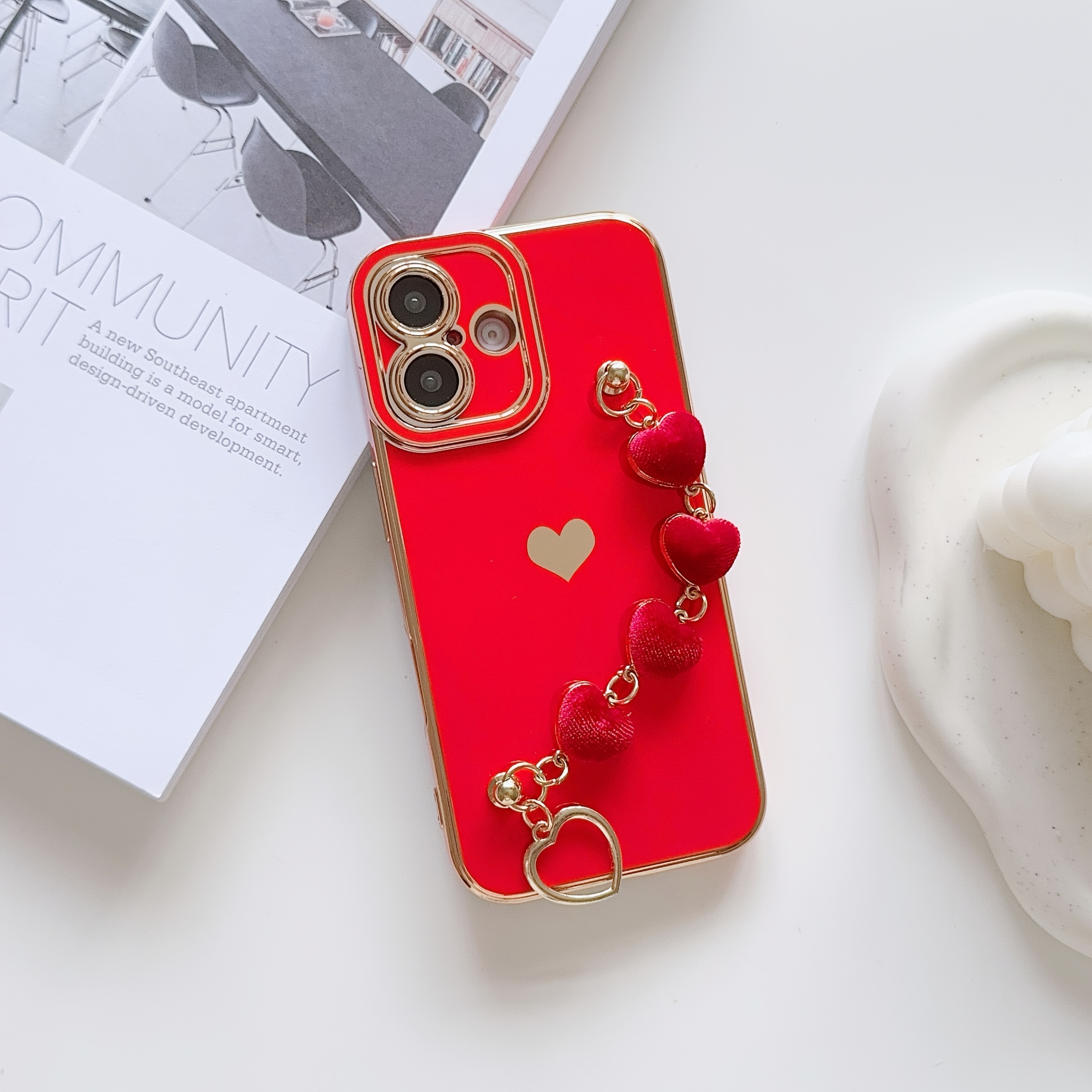 TEMU Suitable For 16promax Phone Case 15pro Electroplated Heart-shaped Anti Drop plush Bracelet 14 Side Heart-shaped Lens Protection Simple And 13