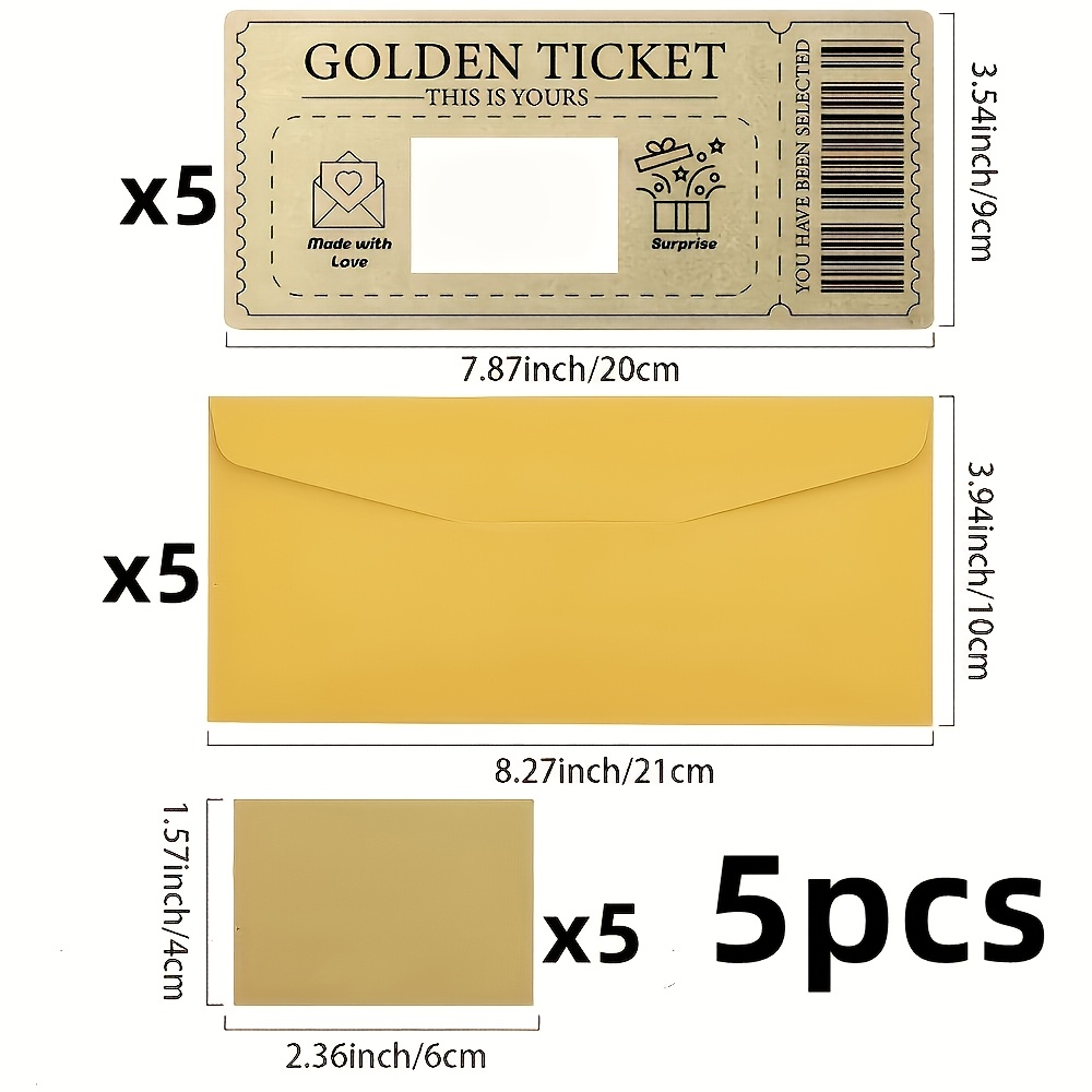 Image of 1/5pcs Golden Ticket With Envelope, Diy Surprise Gift Scratch Card, Birthday Card, Wedding Card, Concert Ticket, Movie Voucher, Gift Card
