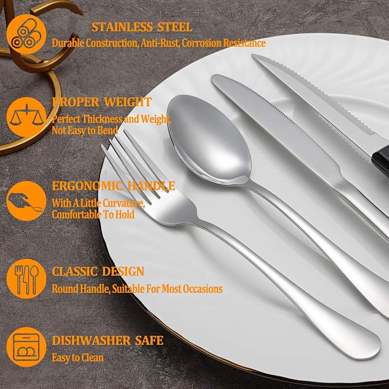 21pcs portable cutlery set durable outdoor   stainless steel camping utensils with steak knives dinner forks plates soup spoons bottle opener tongs storage bag dishwasher safe reusable for travel backpacking camping parties and   Product details 4