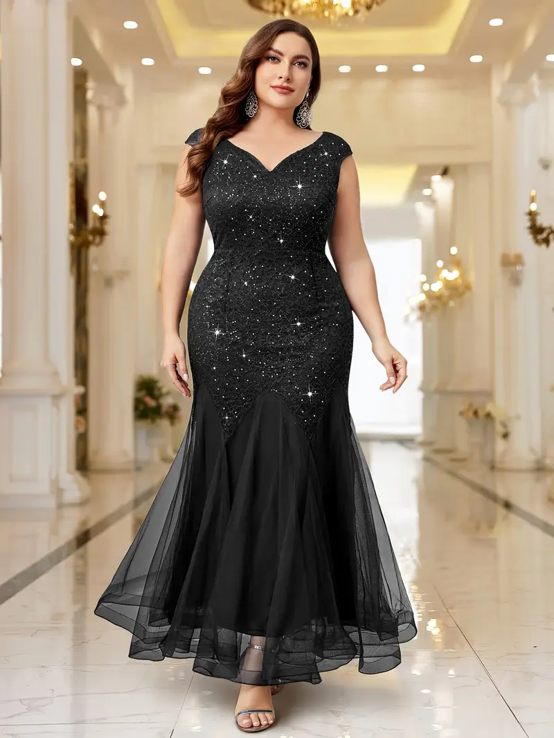 P23163 Elegant Plus Size Sequin Lace Tulle Bridesmaid Gown, Sleeveless V-Neck, Mermaid Hem * Weddings, Parties, Formal Events
