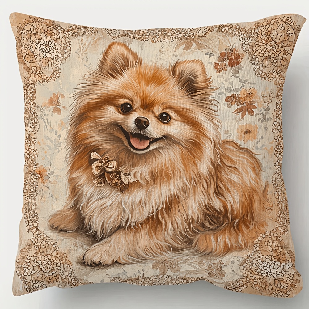 TEMU 1pc, A Flat Print, Cover, Printed On Sides 18x18 Inch Pillow Cover, Featuring A Pomeranian Dog, Sofa Cushion Cover, Bedroom Home Decoration,