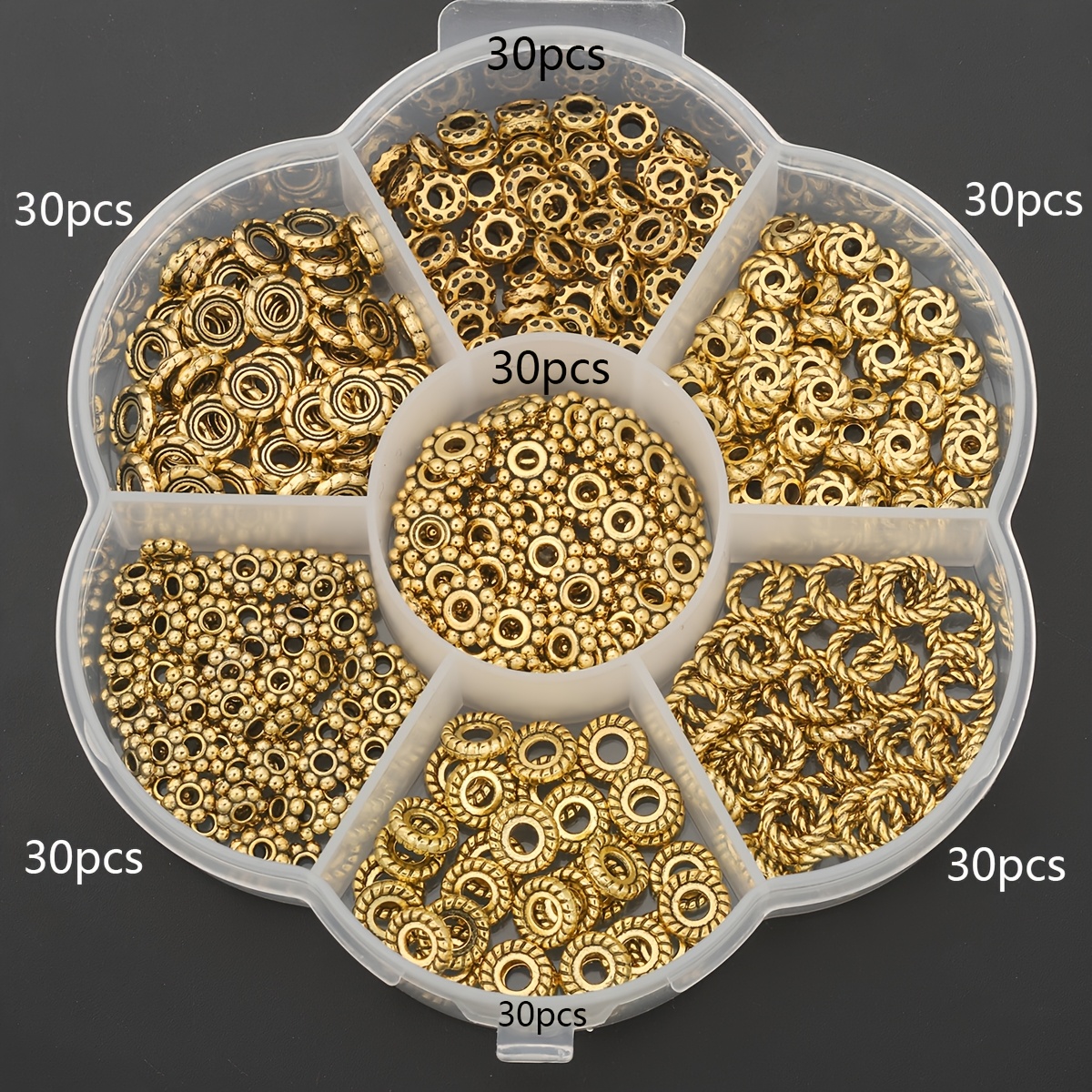 TEMU 210pcs/box Alloy Spacer Bead Combination Set Twisted Spiral Pattern Spacer Beads Dot Round Separators Bead Connectors Decorative Beads Loose