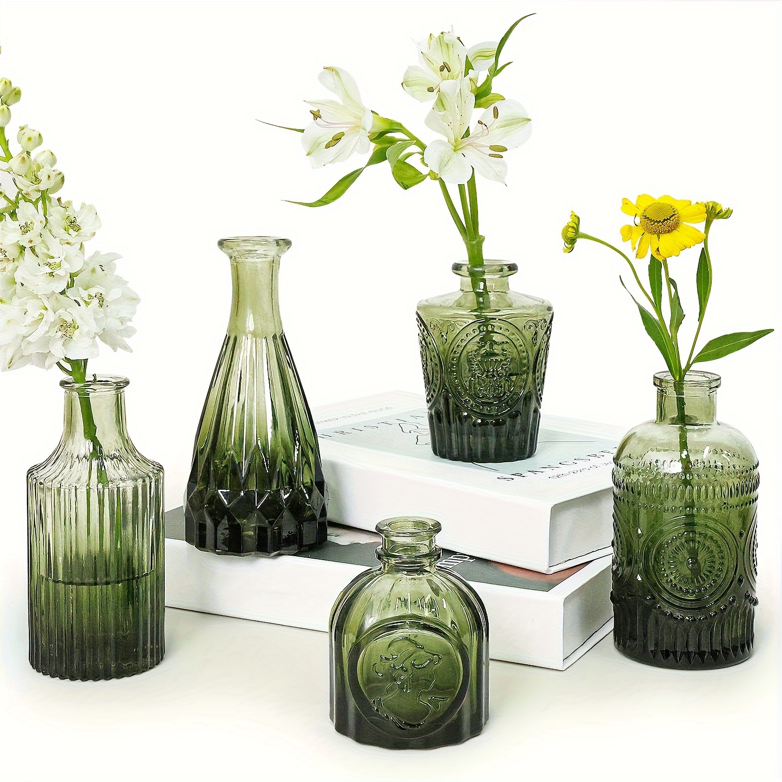 Image of Set Of 5 Bud Glass Vases For Centerpiece Decoration, Bulk Pink Vases, Mini Vintage Vases For Rustic Wedding Decor