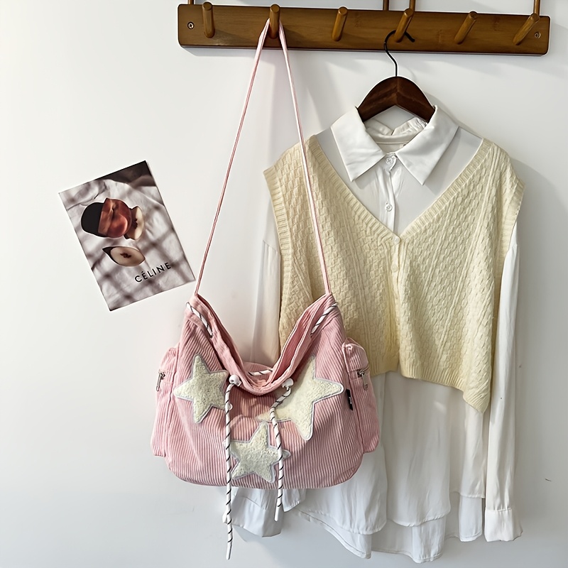 TEMU 1 pièce Sac à bandoulière unique pour femme en velours côtelé de grande capacité avec un motif étoile à branches haut de gamme, sac bandoulière