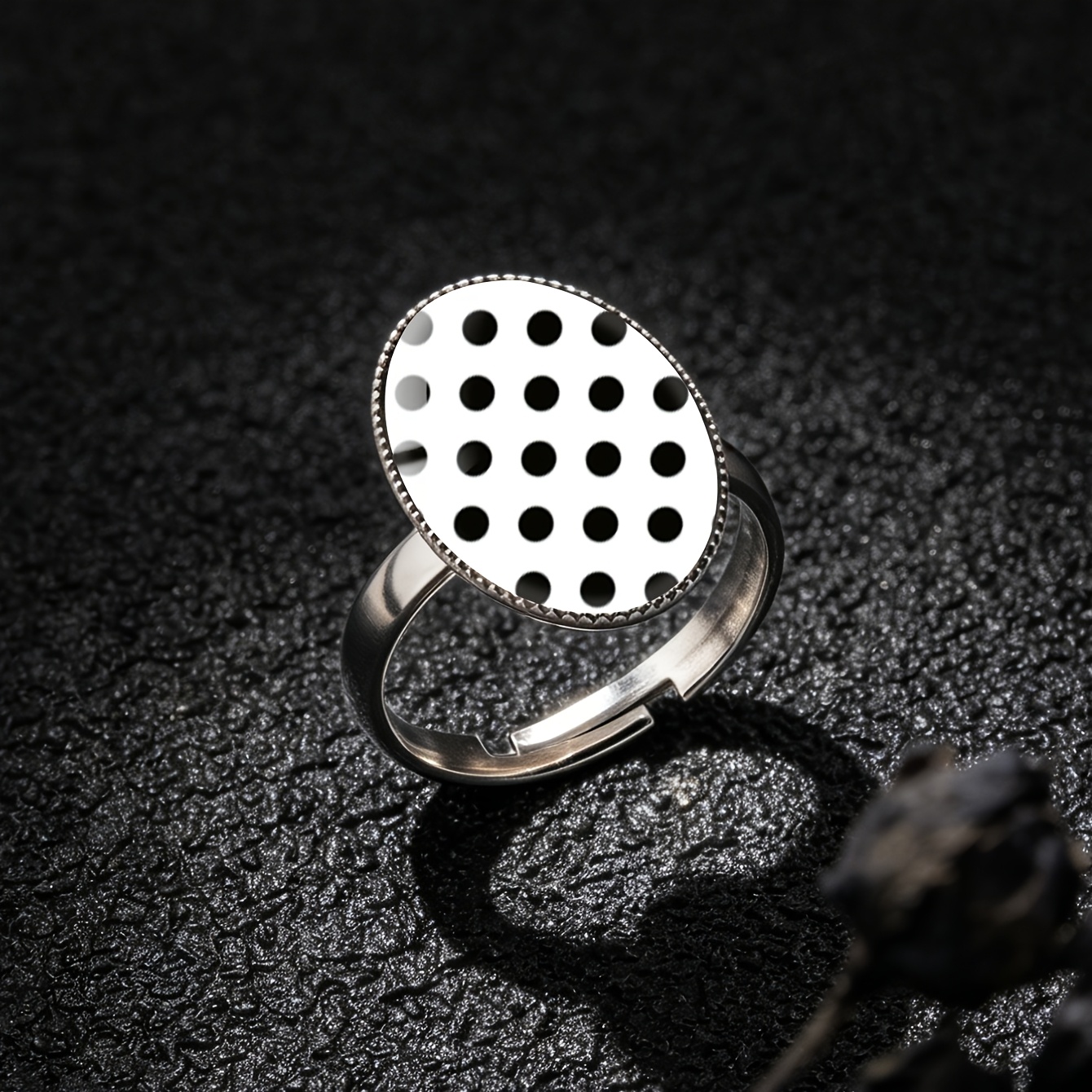 Women's Minimalist Black Polka Dot Open Ring