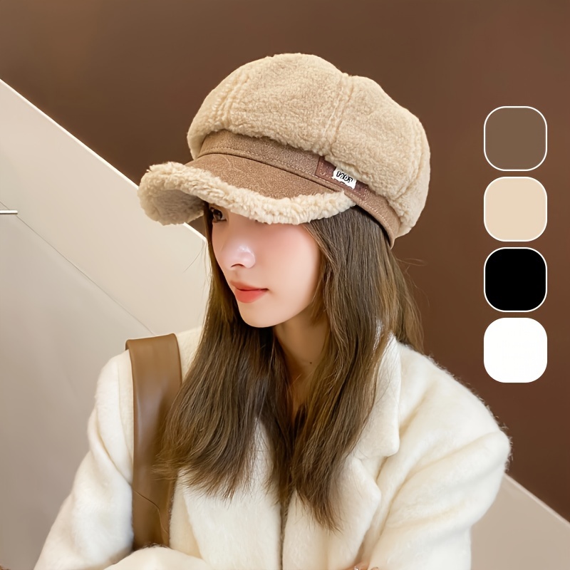 

2024 Knit Polyester Cap For Women - 100% Polyester Warm Thick Soft Fleece-like -panel Cap, Fashionable Casual All-match Cap With Leather Logo Patch, Wind-resistant Duckbill Hat Without Feathers