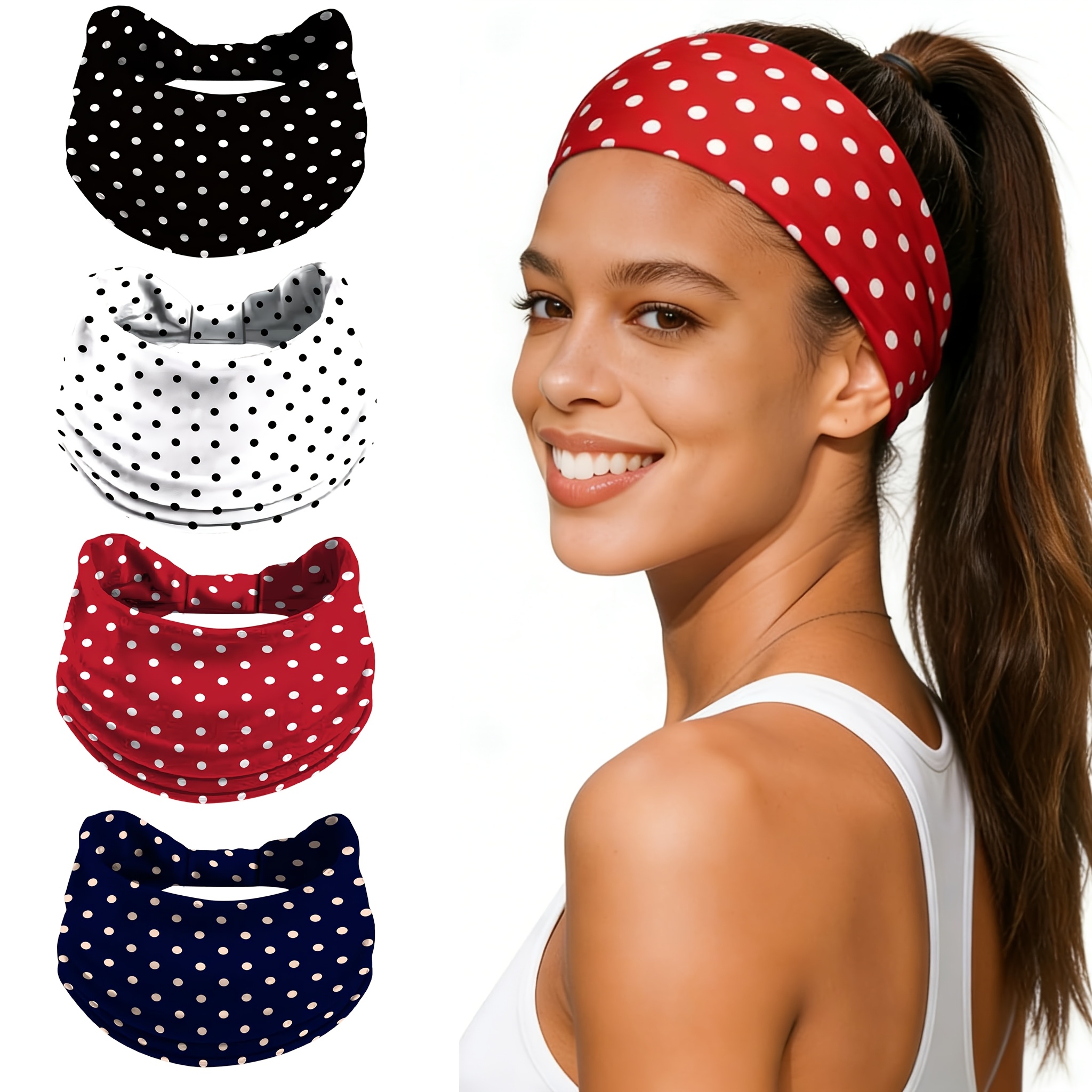 TEMU 4pcs Set: Wide Bohemian Style Women's Fashion Knotted Headbands, Soft Stretchy Polka Dot Pattern Headscarf Hairbands - Ideal For Women's Yoga