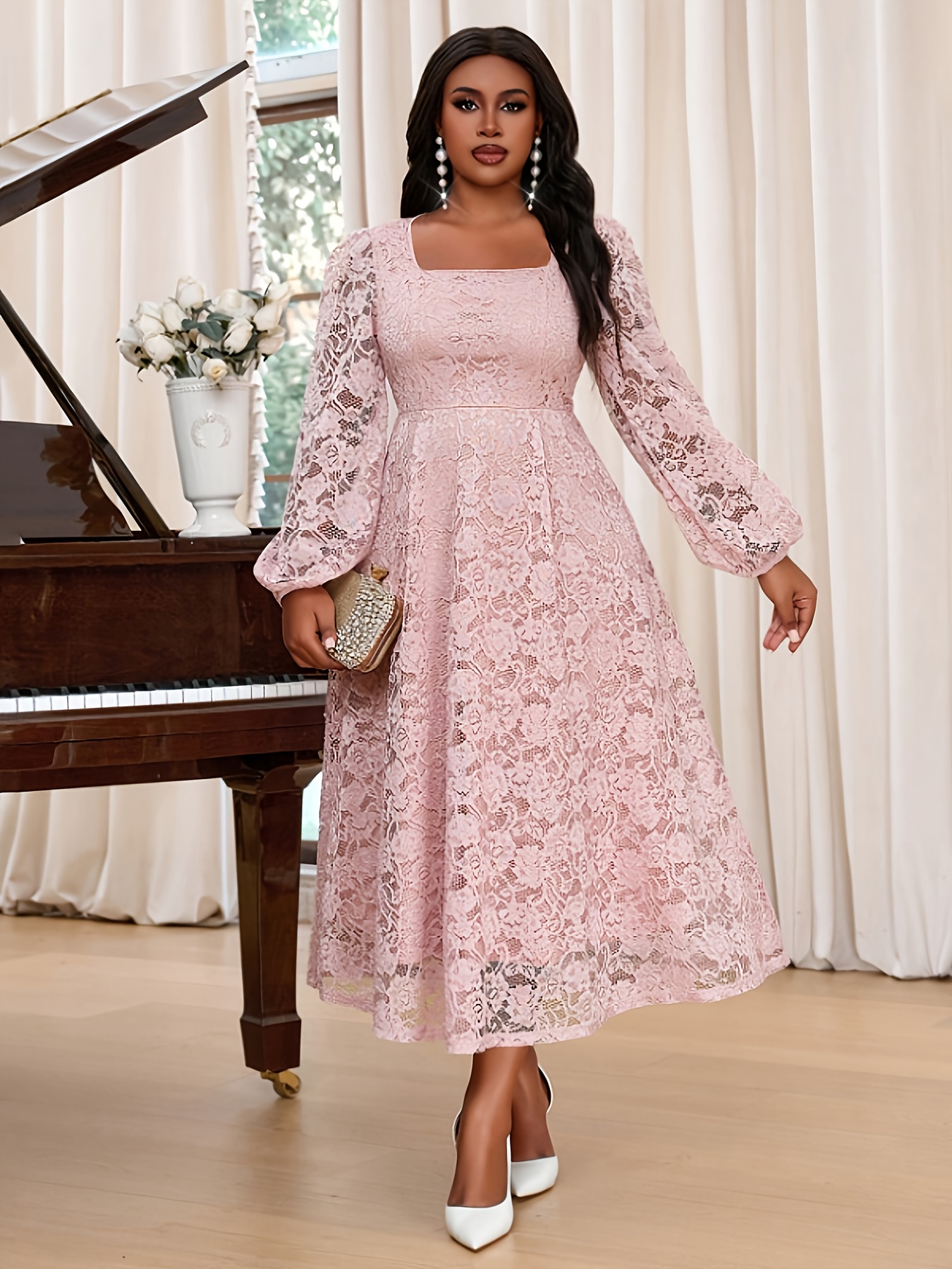 Plus Size, 2026 Spring/* & Holiday Dress, Square Neckline Women's Dress,  Gentle and Sweet, Fashionable New Style, Lace Dress * Fit, Waist-Cinching,  Flared Hem, European & * Plus Size Women's Clothing, ...